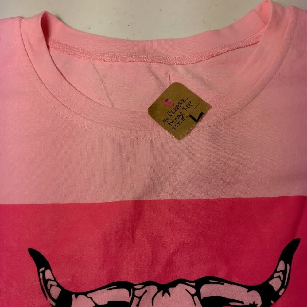 Cowboy T Shirt Large Pink Cropped Silver Fringe Western Cowgirl Crop Top - Picture 14 of 15